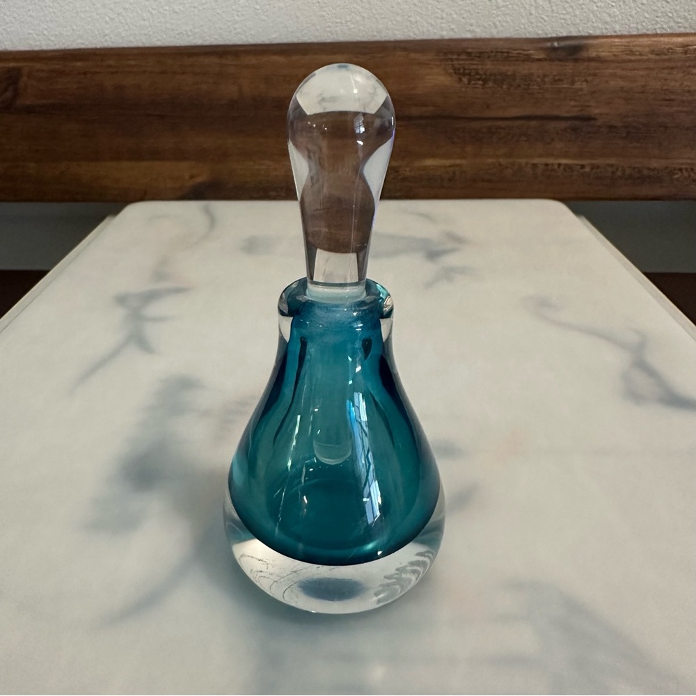 Vintage 2002 Antonio Garcia Blue & Clear Blown Glass Perfume Bottle w/ Dipper